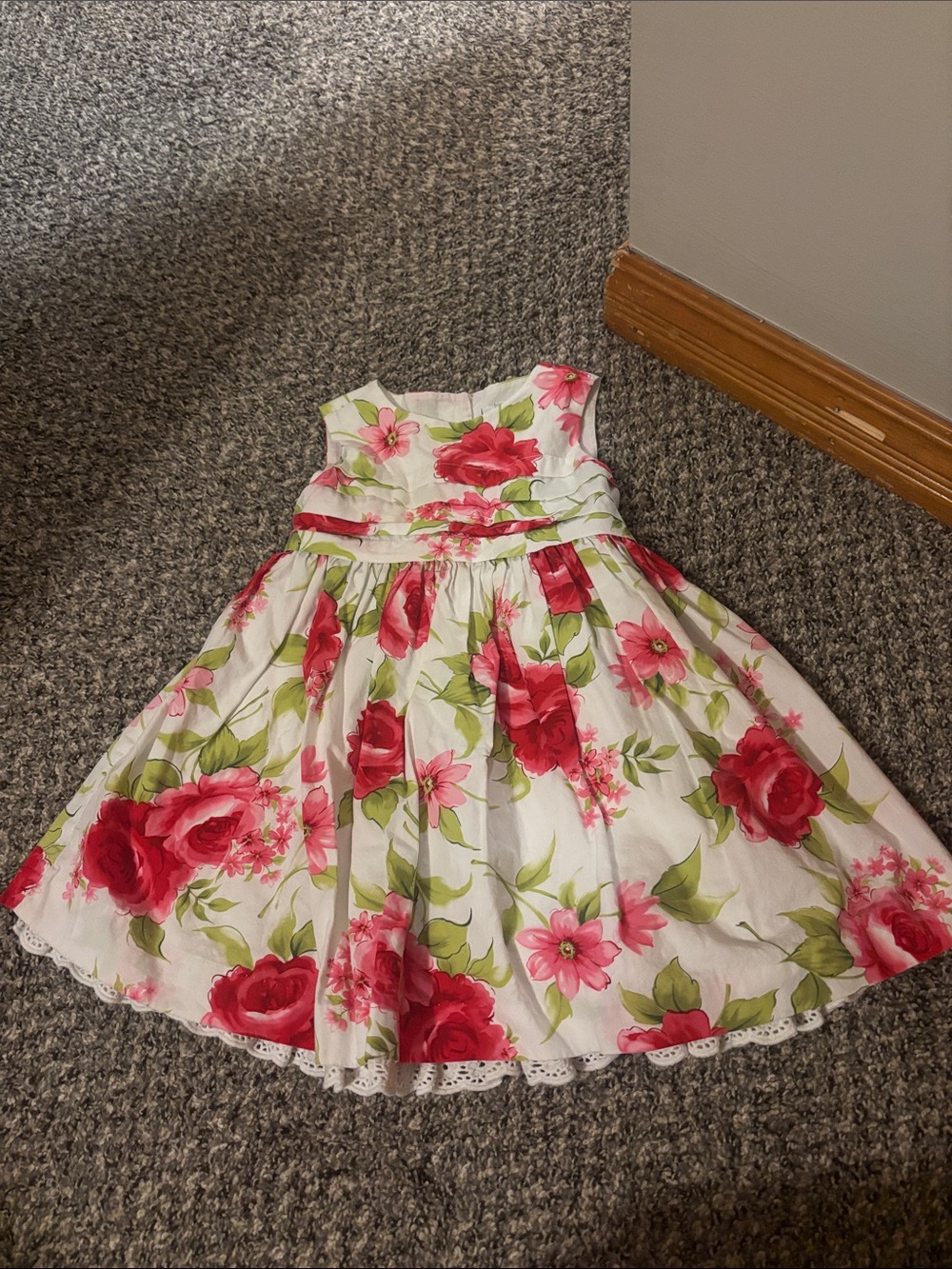 Girls' Floral White Party Dress with Pink & Red Rose Print